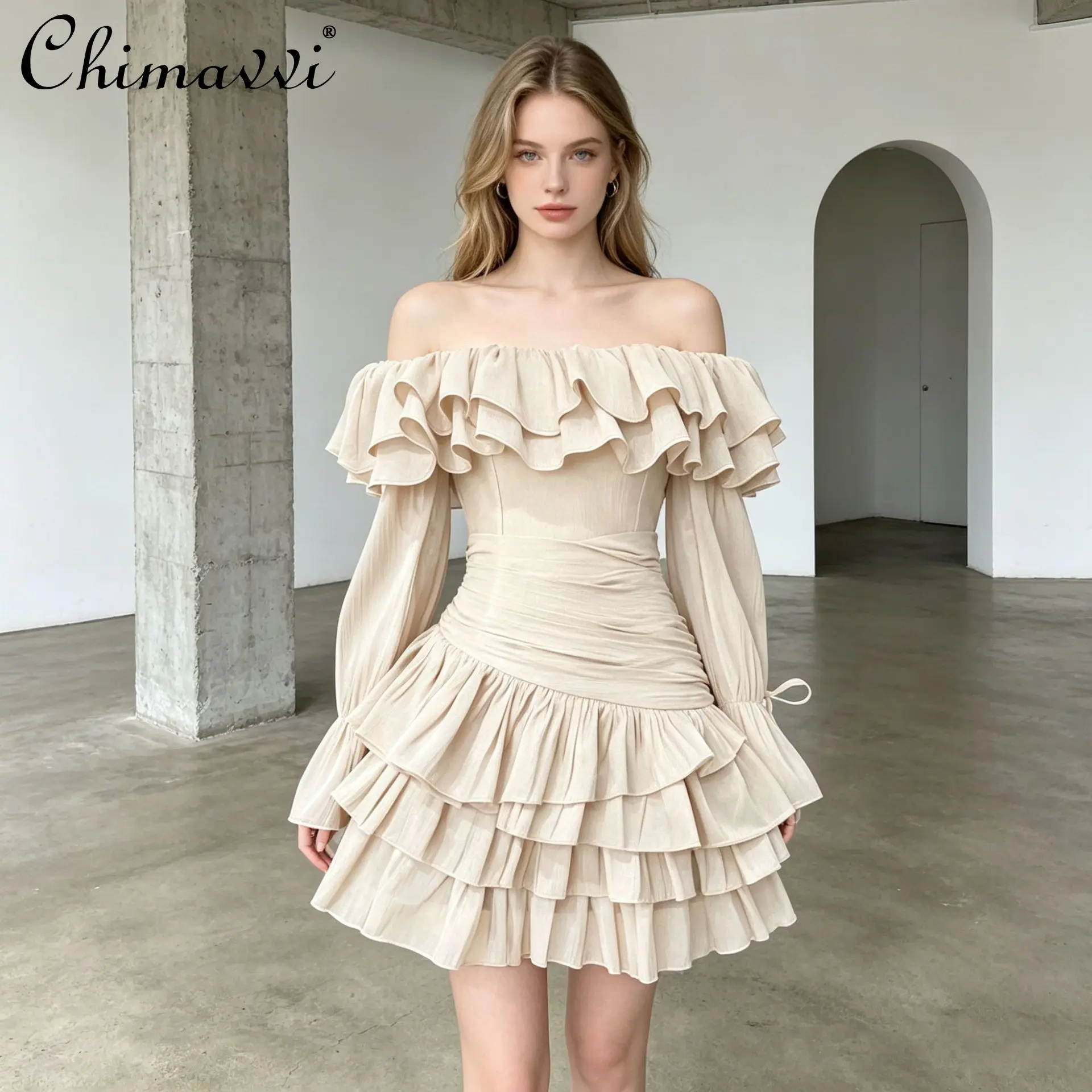 French Elegant Fashion Socialite Ruffled Off-shoulder Bow Long Sleeve High Waist Tiered Cake Short Dress for Women Summer 2026
French Elegant Fashion Socialite Ruffled Off-shoulder Bow Long Sleeve High Waist Tiered Cake Short Dress for Women Summer 2026
