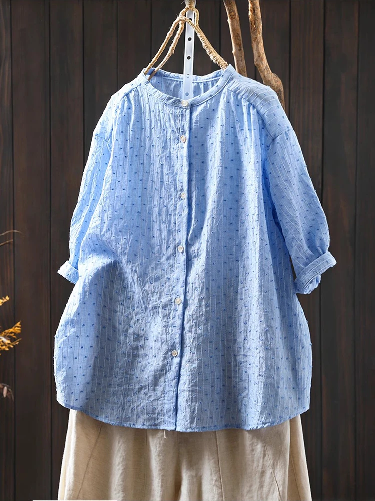 Women Summer Casual Shirt New Arrival 2025 Simple Style Vintage Stand Collar Loose Female Half Sleeve Cotton Tops Shirts M1249
Women Summer Casual Shirt New Arrival 2025 Simple Style Vintage Stand Collar Loose Female Half Sleeve Cotton Tops Shirts M1249