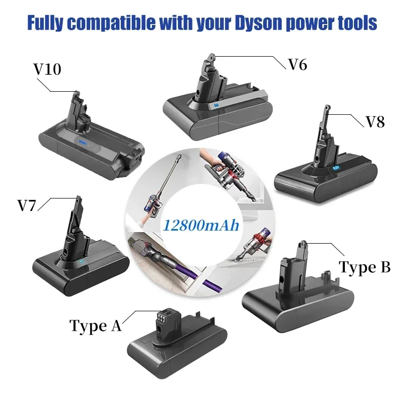 For Dyson V6 V7 V8 V10 Type A/B 12800mAh Replacement Battery for Dyson Absolute Cord-Free Vacuum Handheld Vacuum Cleaner
For Dyson V6 V7 V8 V10 Type A/B 12800mAh Replacement Battery for Dyson Absolute Cord-Free Vacuum Handheld Vacuum Cleaner