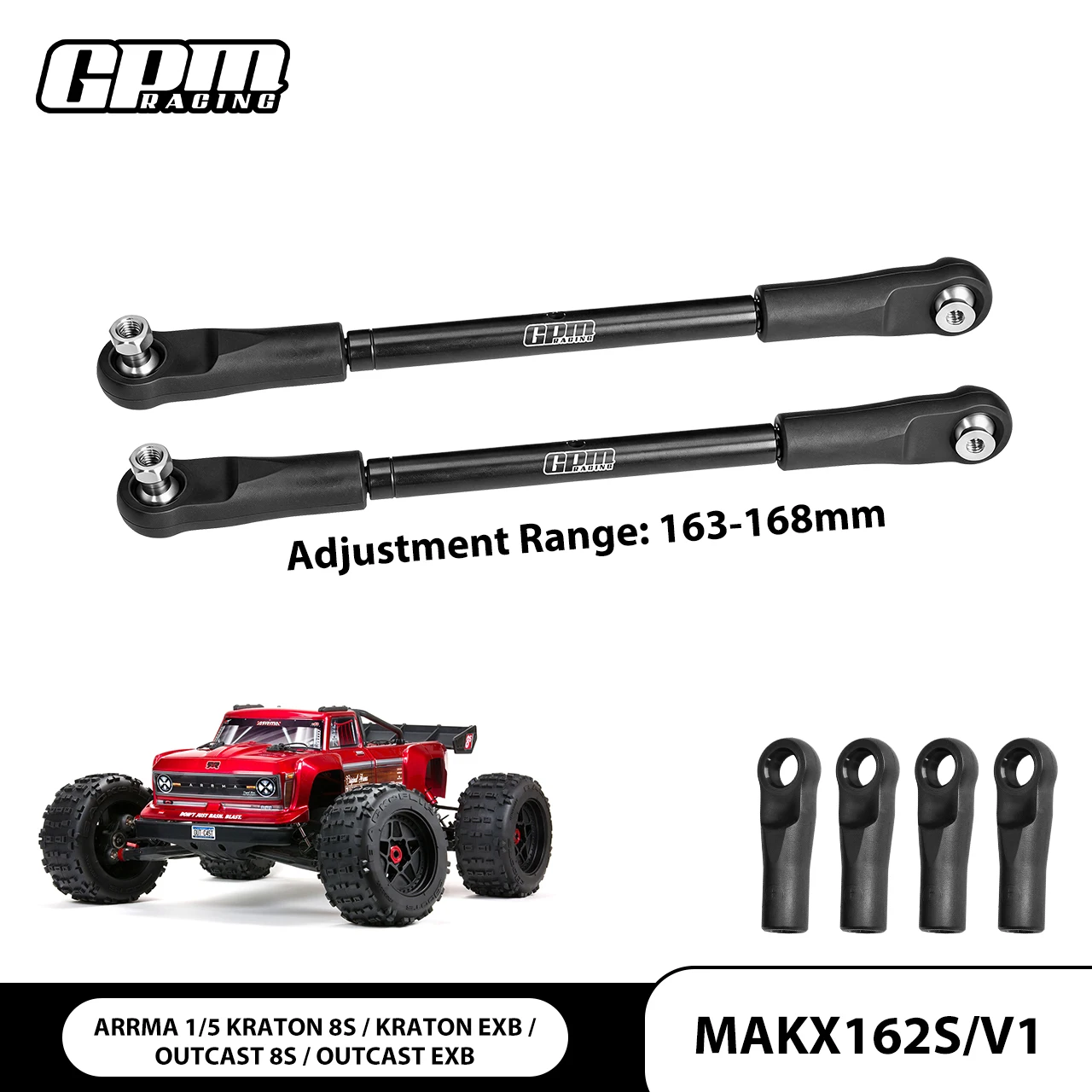GPM 4140 Carbon Steel Adjustable Front Steering Tie Rod 163-168MM For ARRMA 1/5 Kraton 8S EXB Outcast 8S EXB
GPM 4140 Carbon Steel Adjustable Front Steering Tie Rod 163-168MM For ARRMA 1/5 Kraton 8S EXB Outcast 8S EXB
