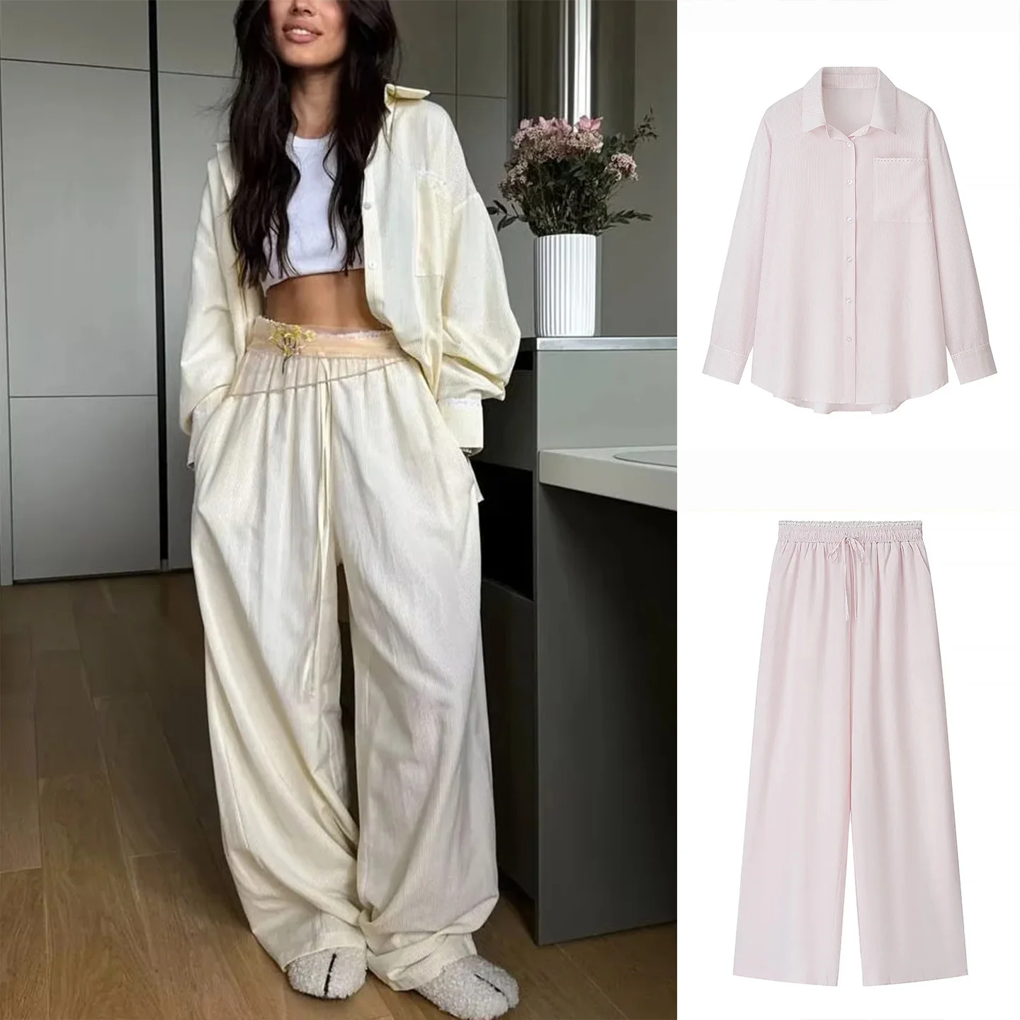 Autumn New Women's Loose Long Sleeve Collar Striped Shirt Casual Wide Leg Pants Two Piece Set Fashionable Comfortable
Autumn New Women's Loose Long Sleeve Collar Striped Shirt Casual Wide Leg Pants Two Piece Set Fashionable Comfortable