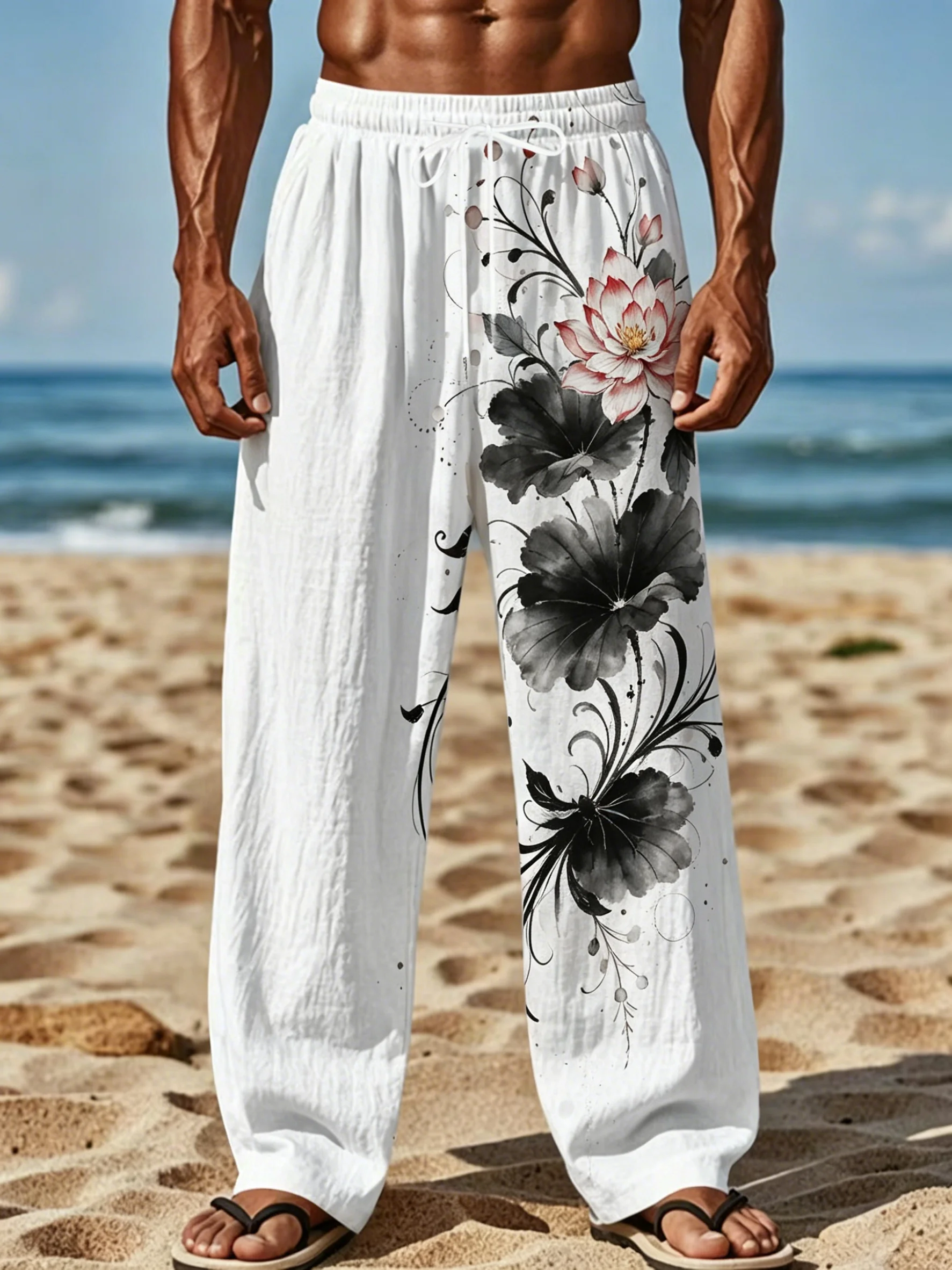 Men's Spring Summer Chinese Ink Red Lotus Floral Art Print Drawstring Pants, Oriental Style Trousers for Beach Daily Outfit
Men's Spring Summer Chinese Ink Red Lotus Floral Art Print Drawstring Pants, Oriental Style Trousers for Beach Daily Outfit