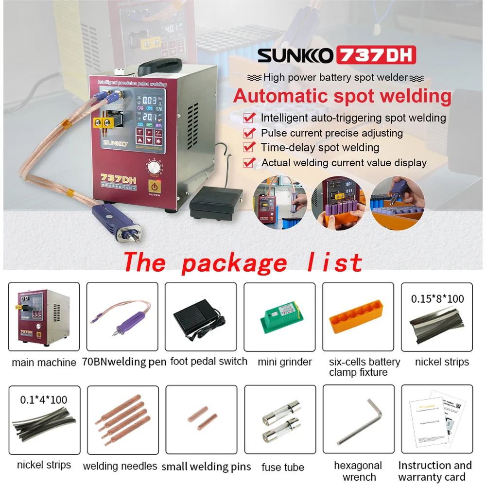 SUNKKO 737DH spot welder 4.3KW induction delay touch welding machine small 18650lithium battery spot welding machine nickel Stri
SUNKKO 737DH spot welder 4.3KW induction delay touch welding machine small 18650lithium battery spot welding machine nickel Stri