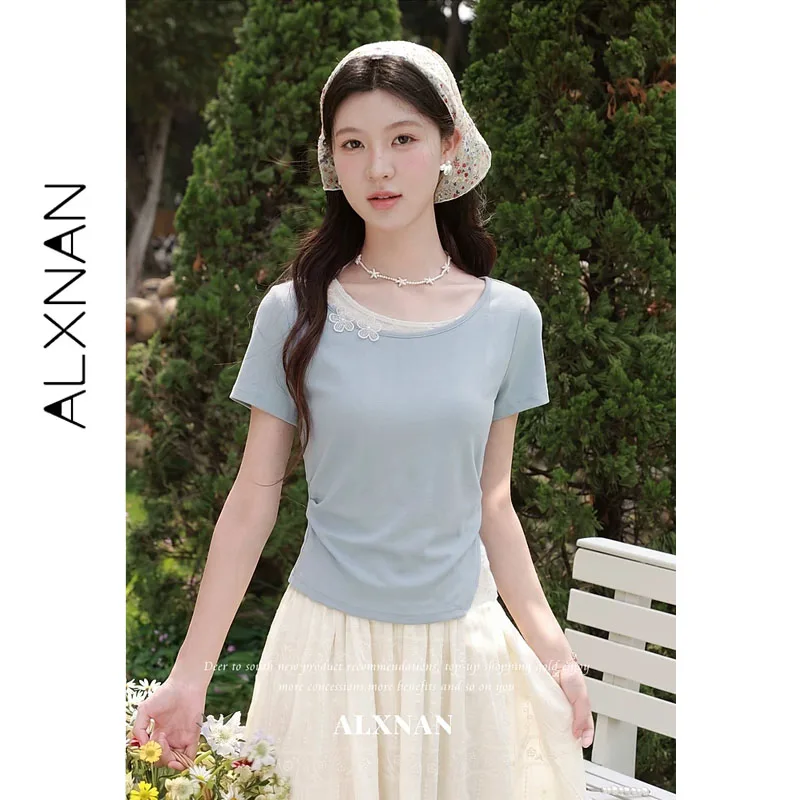 ALXNAN Elegant Women's Blue T-shirt with Lace Spliced Neckline Hem Decoration Tees Cotton Casual Elegant Female Tops L66037A
ALXNAN Elegant Women's Blue T-shirt with Lace Spliced Neckline Hem Decoration Tees Cotton Casual Elegant Female Tops L66037A