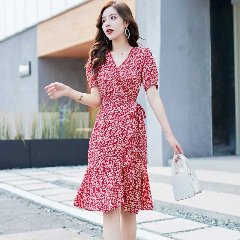 Elegant V-Neck Printed Spliced Loose Bandage Bow Floral Dress Women Clothing Summer New Short Sleeve Office Lady Dress CY115
Elegant V-Neck Printed Spliced Loose Bandage Bow Floral Dress Women Clothing Summer New Short Sleeve Office Lady Dress CY115