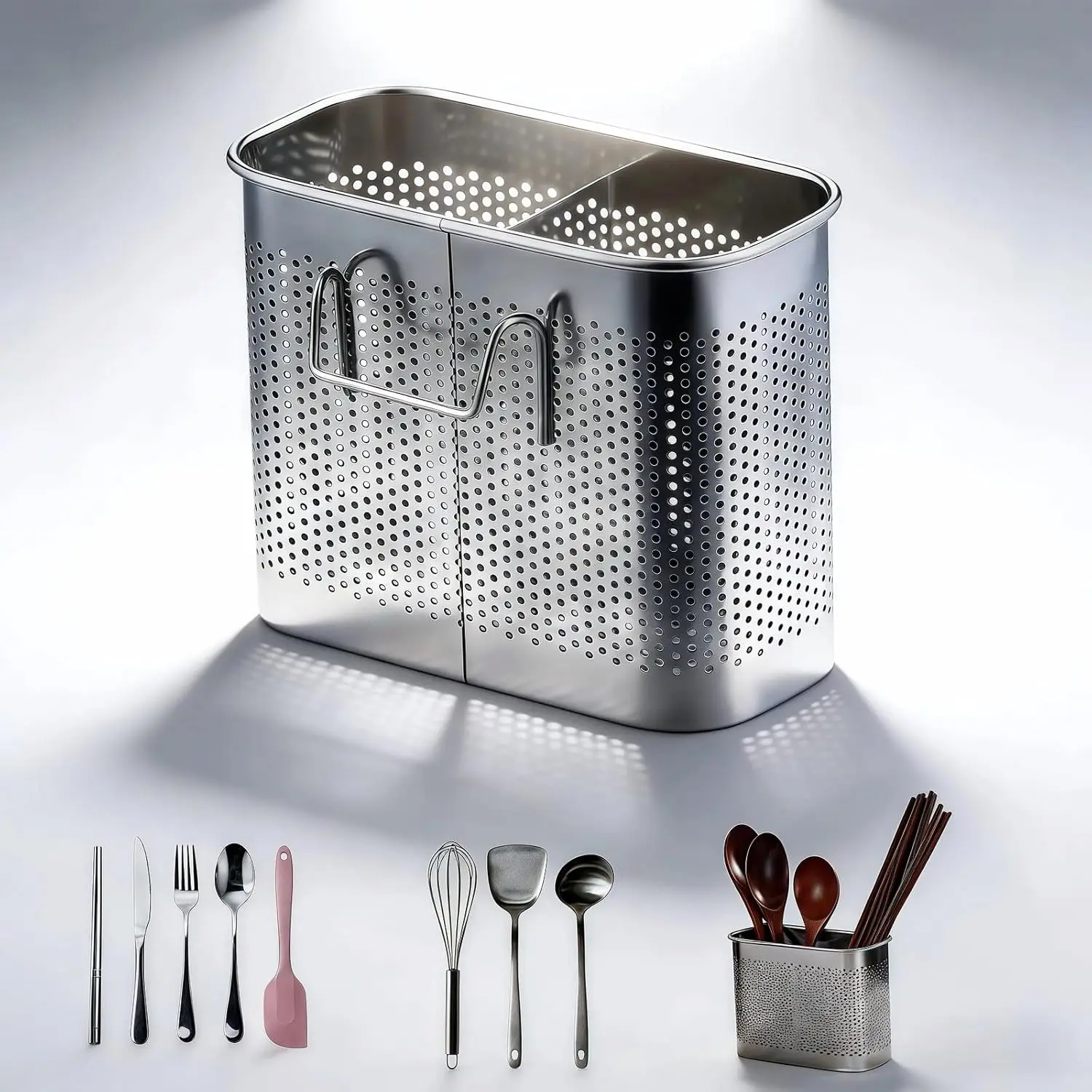 2-Tier Stainless Steel Utensil Holder with Hooks, Heavy Duty Rustproof Dish Drainer for Kitchen Countertop, 5.51x4.33x2.76 Inch
2-Tier Stainless Steel Utensil Holder with Hooks, Heavy Duty Rustproof Dish Drainer for Kitchen Countertop, 5.51x4.33x2.76 Inch