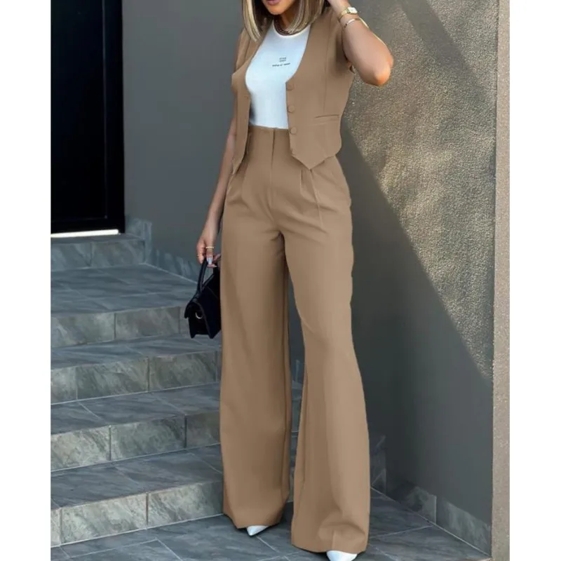 Elegant Women Vest Pants Set Solid Color Sleeveless Vest Wide Leg Pants Elegant High Waist Lady Baggy Pants Set Streetwear
Elegant Women Vest Pants Set Solid Color Sleeveless Vest Wide Leg Pants Elegant High Waist Lady Baggy Pants Set Streetwear