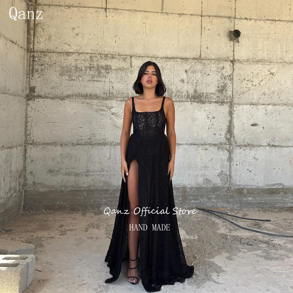 Qanz Spaghetti Straps Prom Dresses Black Lace Appliques High Slit Formal Evening Dress Long A Line Wedding Party Dres Customized
Qanz Spaghetti Straps Prom Dresses Black Lace Appliques High Slit Formal Evening Dress Long A Line Wedding Party Dres Customized