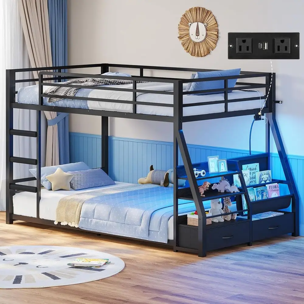 Twin Over Twin Bunk Bed with Sling Shelves, Storage, Power Outlet, LED Floor Light, Full Guardrail, Metal Slats, No Box Spring,
Twin Over Twin Bunk Bed with Sling Shelves, Storage, Power Outlet, LED Floor Light, Full Guardrail, Metal Slats, No Box Spring,