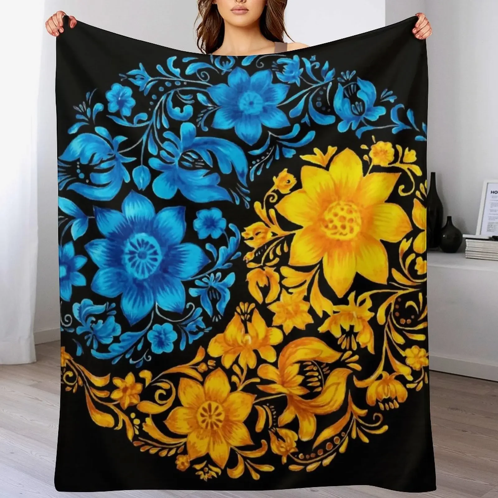 Petrykivka painting with blue-yellow flowers Throw Blanket Spring Fall Cozy Throw Blanket for Couch
Petrykivka painting with blue-yellow flowers Throw Blanket Spring Fall Cozy Throw Blanket for Couch