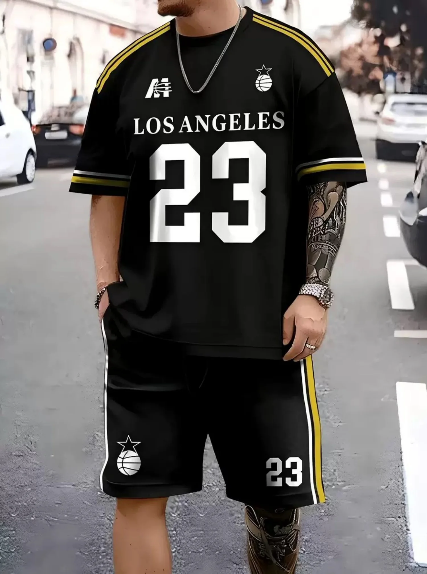 2025 Summer Men's No.23 Los Angeles Print Crew Neck Short Sleeve T-Shirt & Shorts Set Short Sleeved Tracksuit 2 Pieces Set
2025 Summer Men's No.23 Los Angeles Print Crew Neck Short Sleeve T-Shirt & Shorts Set Short Sleeved Tracksuit 2 Pieces Set