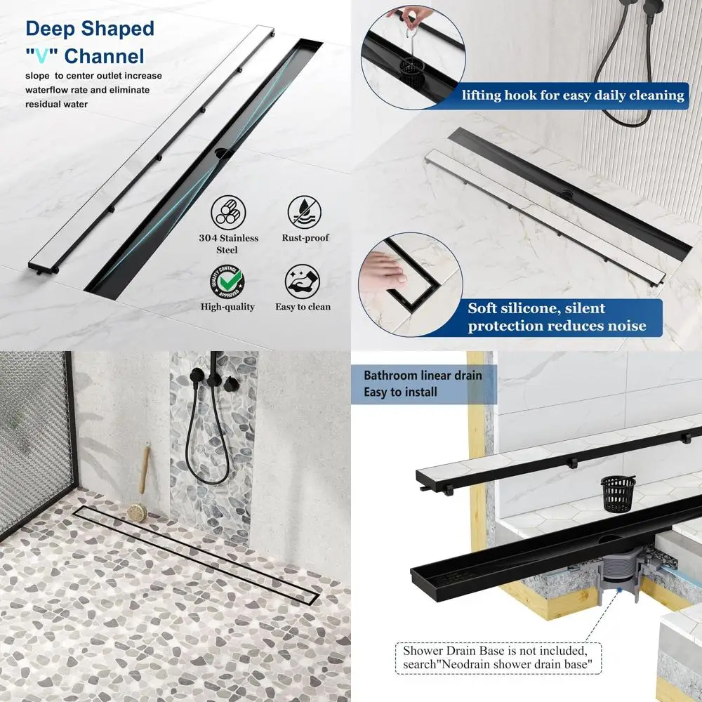 36 Matte Black Linear Shower Drain with Tile Insert, 304 Stainless Steel, Includes Leveling Feet and Hair Strainer
36 Matte Black Linear Shower Drain with Tile Insert, 304 Stainless Steel, Includes Leveling Feet and Hair Strainer