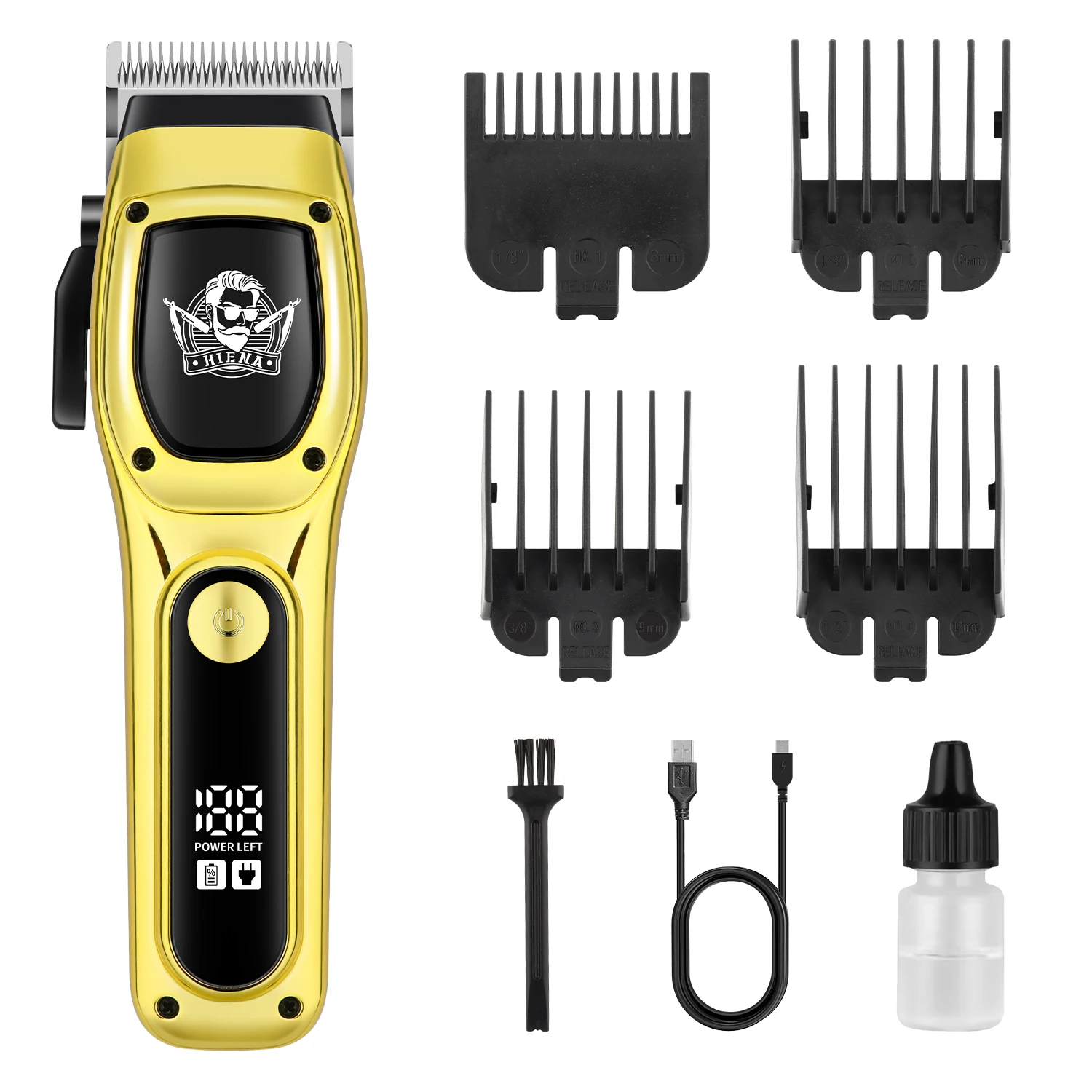 HIENA Gold Cordless Hair Clipper LED Display USB Rechargeable Barber Trimmer with 4 Guide Combs for Men Home Salon
HIENA Gold Cordless Hair Clipper LED Display USB Rechargeable Barber Trimmer with 4 Guide Combs for Men Home Salon