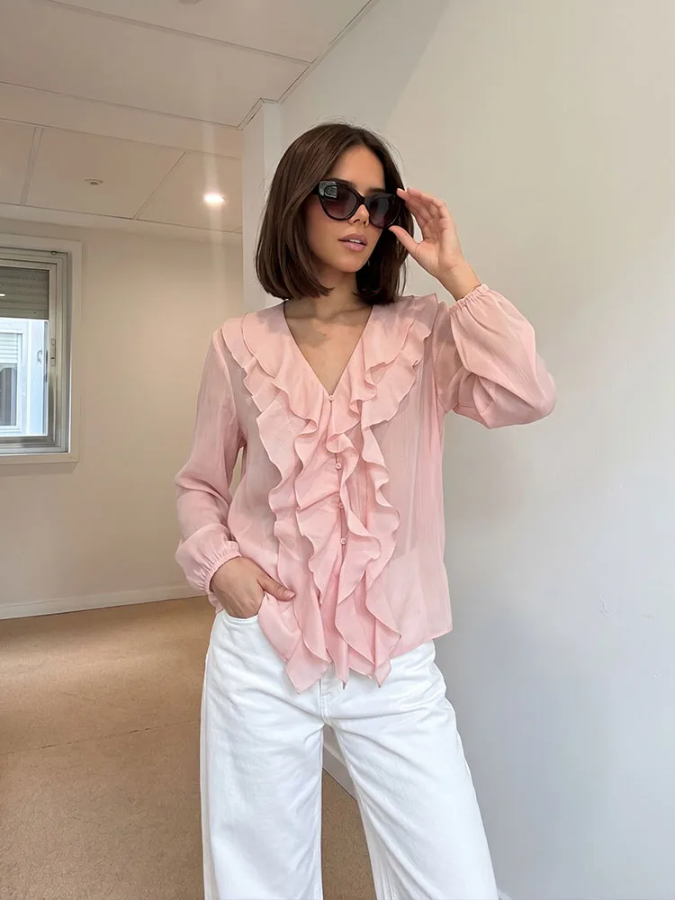HH Women Summer Vintage Feminine Pink Ruffle Blouse Spring V Neck Long Lantern Sleeve Button Front Lightweight Chiffon Top
HH Women Summer Vintage Feminine Pink Ruffle Blouse Spring V Neck Long Lantern Sleeve Button Front Lightweight Chiffon Top