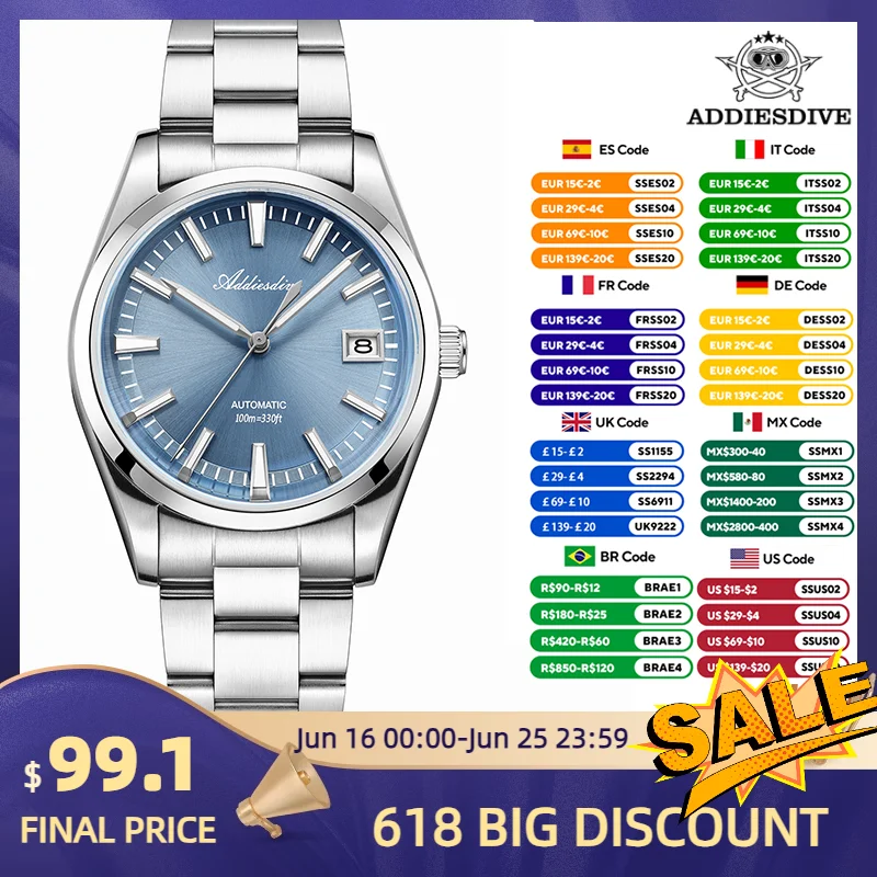 ADDIESDIVE 39mm Diving Watch Men AD2077 Fashion Luxury Automatic Mechanical Watches Dress K1 Bubble Mirror Waterproof 100m New
ADDIESDIVE 39mm Diving Watch Men AD2077 Fashion Luxury Automatic Mechanical Watches Dress K1 Bubble Mirror Waterproof 100m New