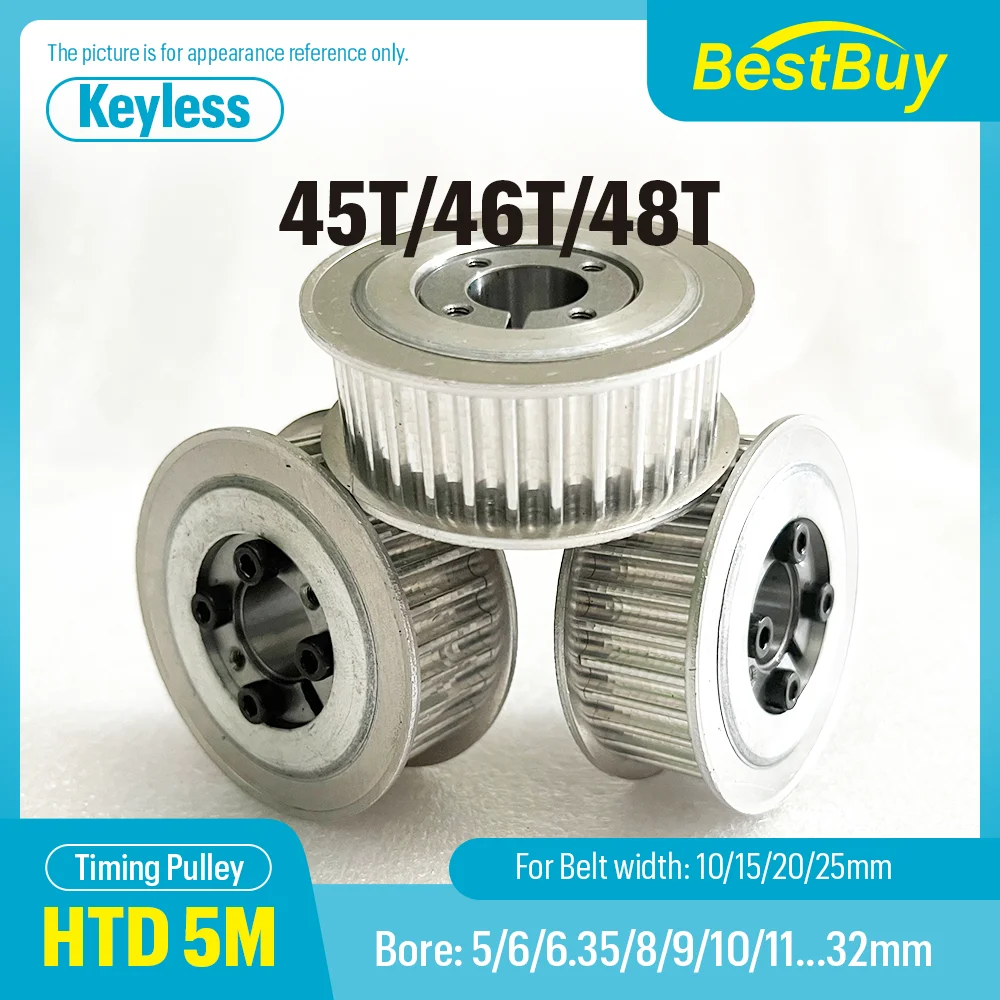 HTD 5M Synchronous Timing Pulley 45Teeth 46Teeth 48Teeth Keyless Bushing Bore 5-32mm with Belt Width Options 15/20/25mm for Belt
HTD 5M Synchronous Timing Pulley 45Teeth 46Teeth 48Teeth Keyless Bushing Bore 5-32mm with Belt Width Options 15/20/25mm for Belt