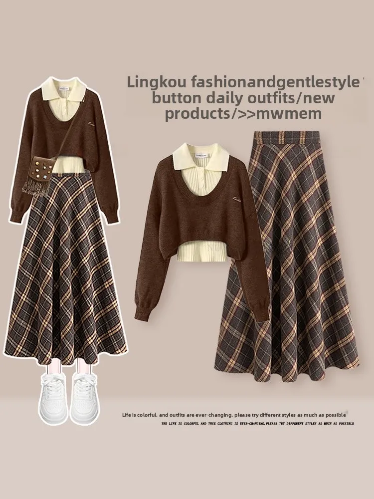 Faionable Knitted Sweater And High Waist Plaid Skirt Set for Women Autumn Winter Warm Gentle Sle Tee Piece Ensemble
Faionable Knitted Sweater And High Waist Plaid Skirt Set for Women Autumn Winter Warm Gentle Sle Tee Piece Ensemble