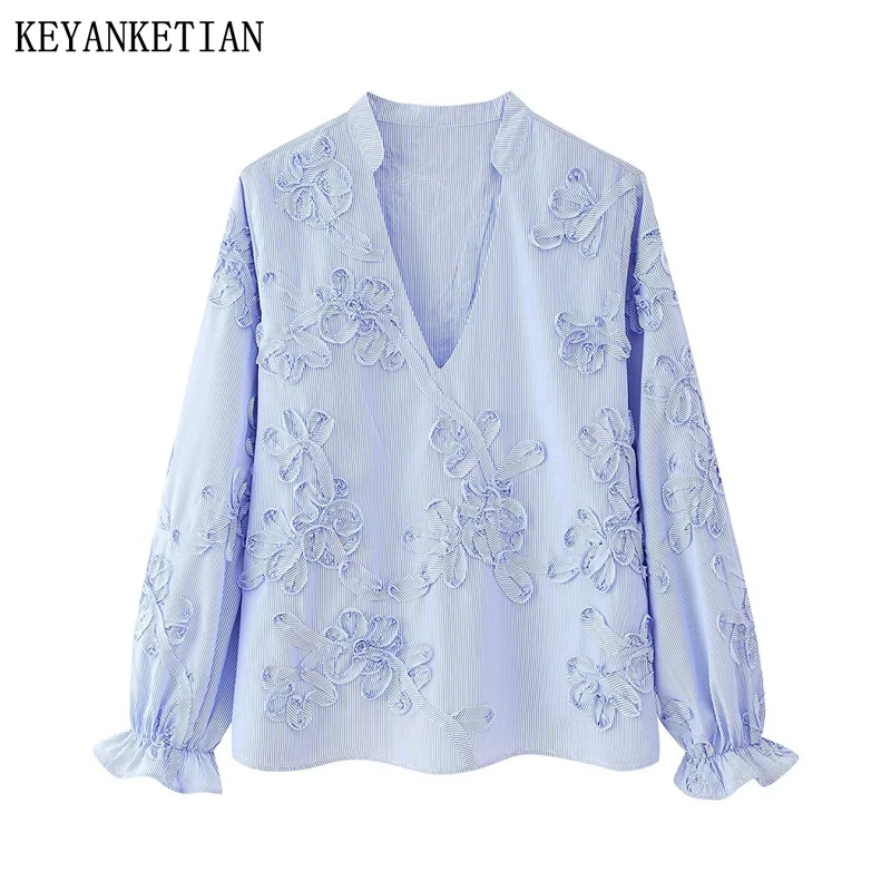 KEYANKETIAN Summer new women's V-neck long sleeved textured striped floral poplin shirt women's shirt
KEYANKETIAN Summer new women's V-neck long sleeved textured striped floral poplin shirt women's shirt