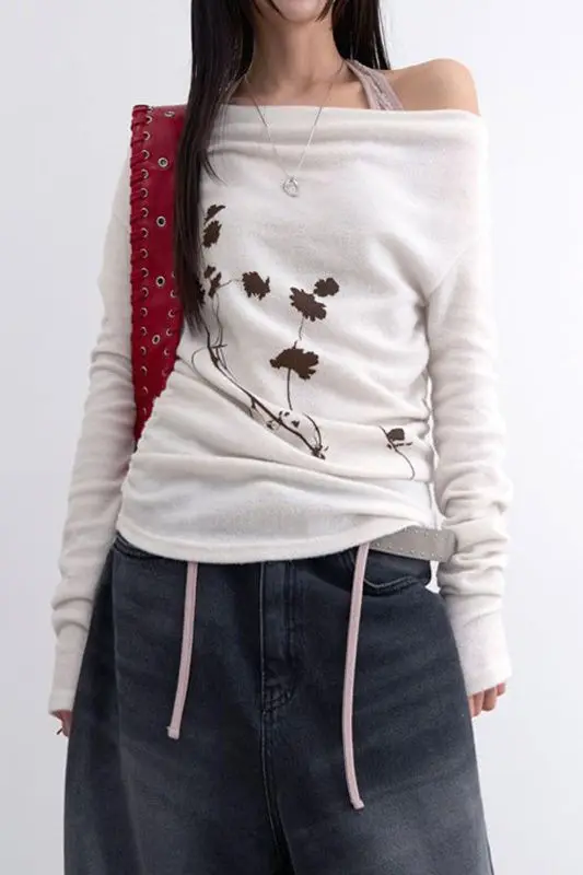 Европейская и американская футболка на одно плечо с принтом, женская футболка с длинными рукавами, асимметричный сексуальный топ с открытыми плечами, модный 
Европейская и американская футболка на одно плечо с принтом, женская футболка с длинными рукавами, асимметричный сексуальный топ с открытыми плечами, модный