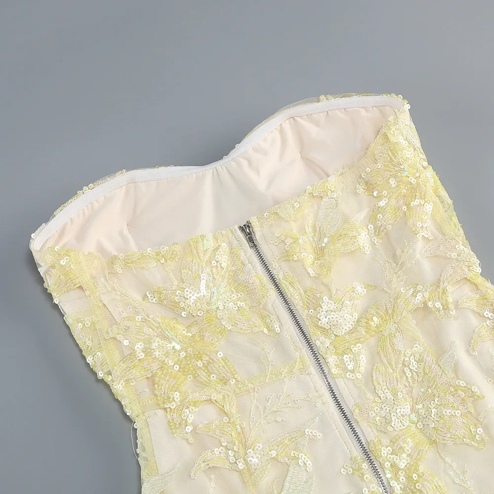 Sexy Yellow Sequin Strapless Prom Gown Elegant See Through Mesh Floral Long Dress Luxury Fashionable Birthday Dinner Party
Sexy Yellow Sequin Strapless Prom Gown Elegant See Through Mesh Floral Long Dress Luxury Fashionable Birthday Dinner Party