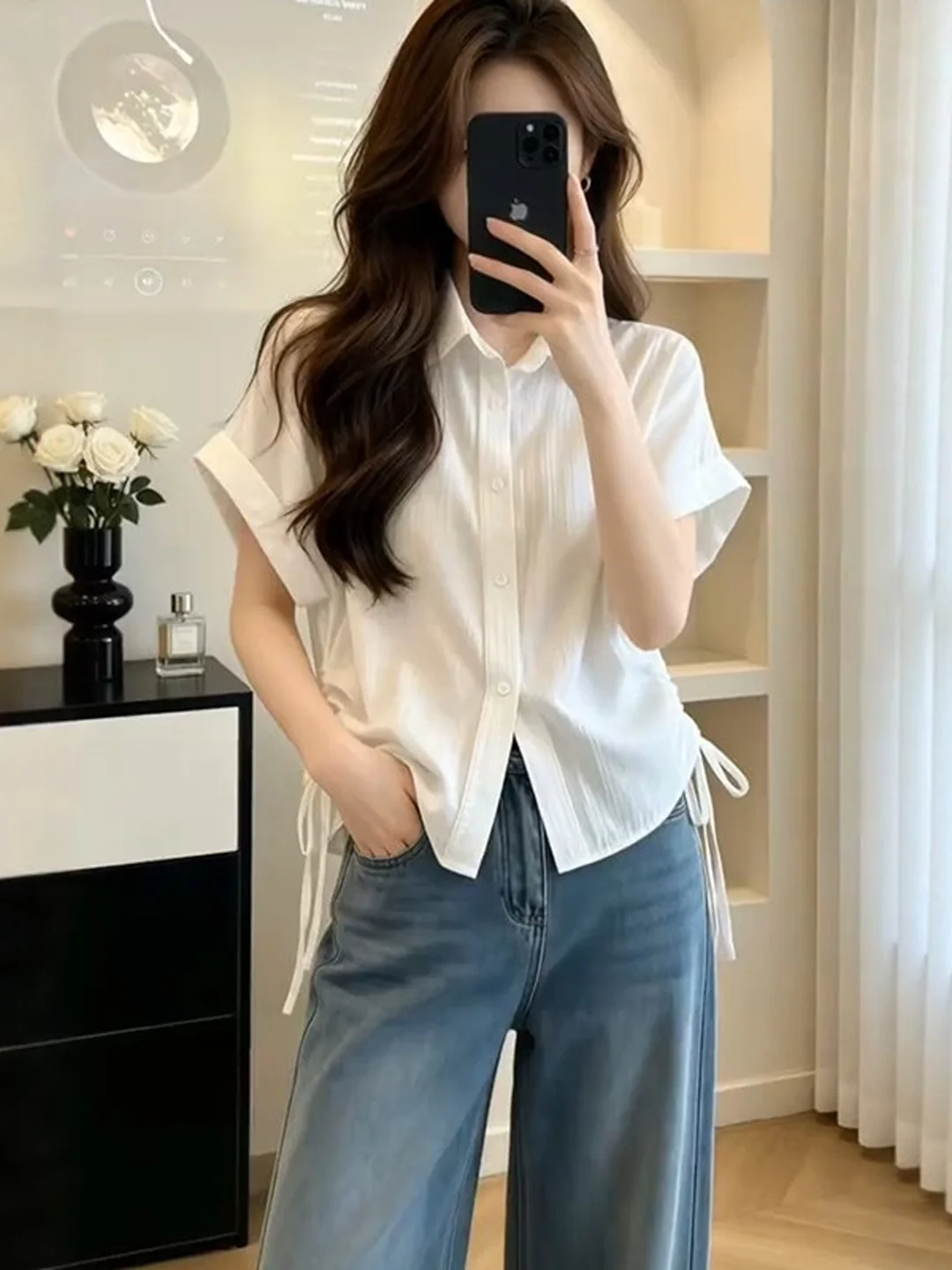 White Collar Short Sleeve Shirt Women's plus Size Fashion Slimming Waist Design Summer Trendy Top for Plump MM
White Collar Short Sleeve Shirt Women's plus Size Fashion Slimming Waist Design Summer Trendy Top for Plump MM