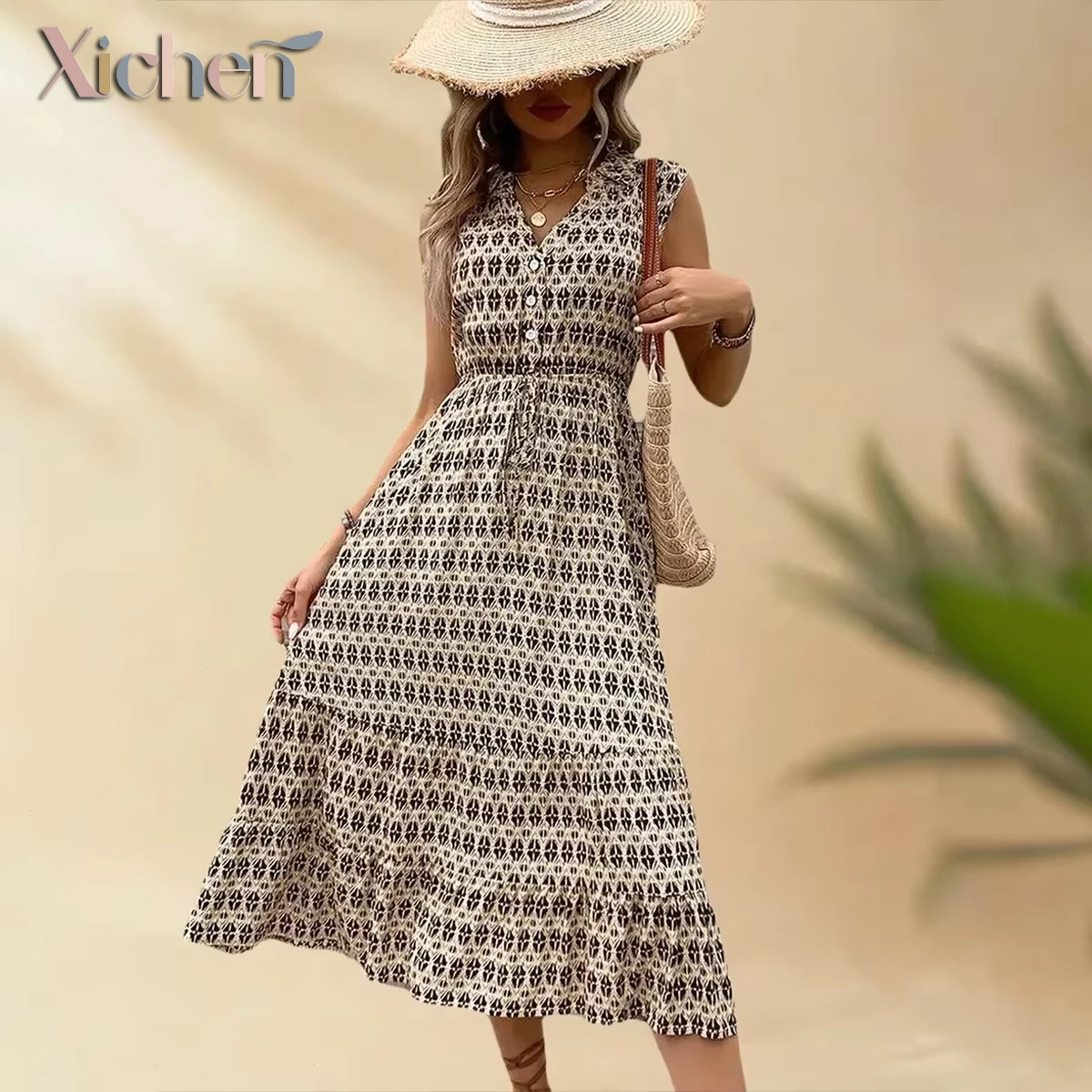 Women's Casual Sleeveless Animal Print Rayon Dress - V-Neck, Adjustable Waist with Drawstring, Front Pockets for Vacation/Beach
Women's Casual Sleeveless Animal Print Rayon Dress - V-Neck, Adjustable Waist with Drawstring, Front Pockets for Vacation/Beach