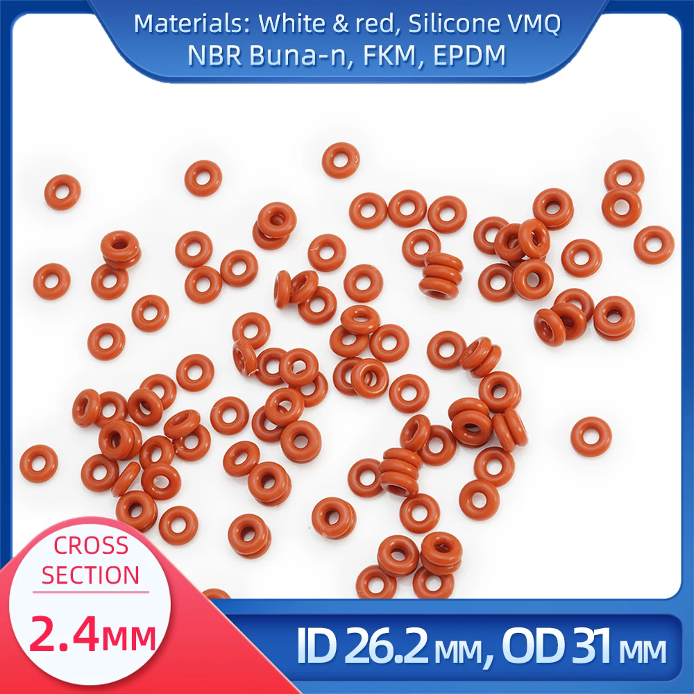 O Ring CS 2.4 mm ID 26.2 mm OD 31 mm Material With Silicone VMQ NBR FKM EPDM ORing Seal Gaske
O Ring CS 2.4 mm ID 26.2 mm OD 31 mm Material With Silicone VMQ NBR FKM EPDM ORing Seal Gaske