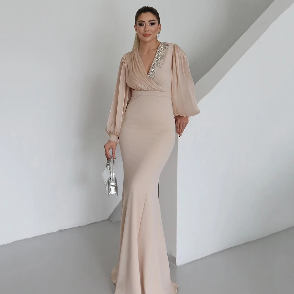 Customizde V-neck Full Sleeves Trumpet Evening Dress With Crystal Jersey Mermaid Evening Dress Simple Floor Length Prom Gown
Customizde V-neck Full Sleeves Trumpet Evening Dress With Crystal Jersey Mermaid Evening Dress Simple Floor Length Prom Gown