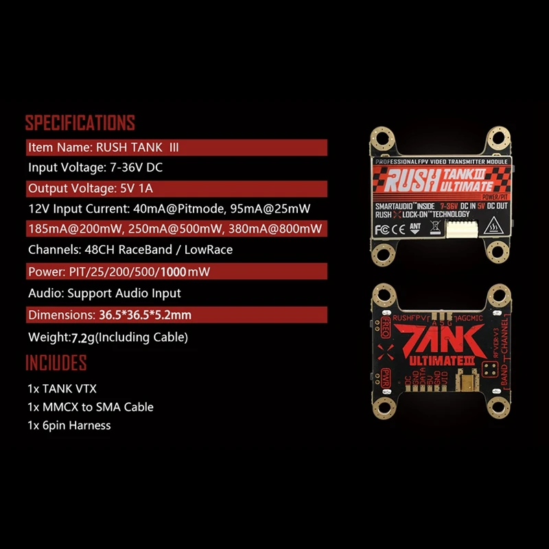 Переключаемый передатчик RUSH TANK III Ultimate VTX 5,8G 48CH PIT/25/200/500/1000 МВт для гоночного дрона на радиоуправлении-A86Z
Переключаемый передатчик RUSH TANK III Ultimate VTX 5,8G 48CH PIT/25/200/500/1000 МВт для гоночного дрона на радиоуправлении-A86Z