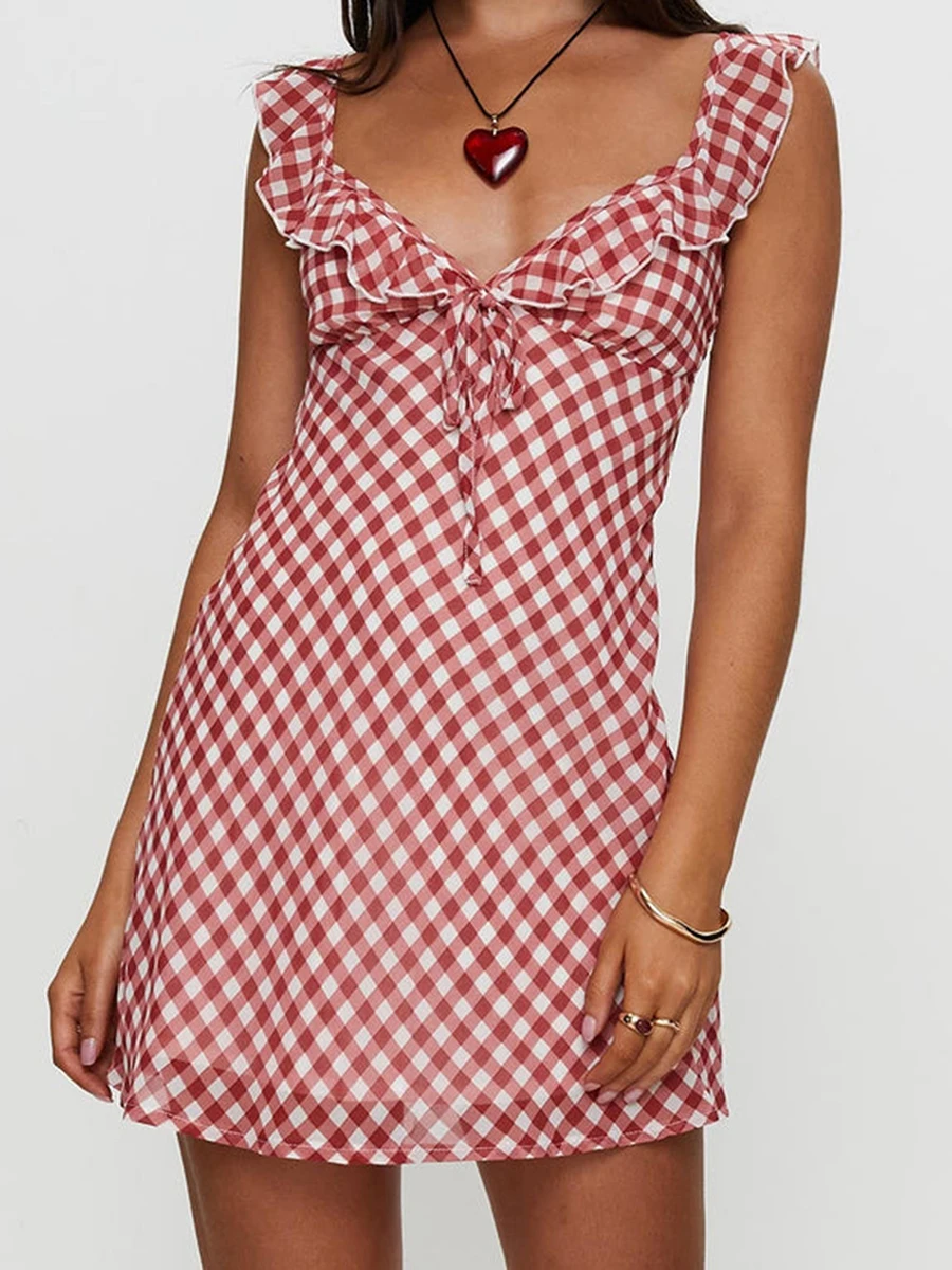 Women Mini Dress Plaid Tie-Up Front Ruffles Sleeveless V-Neck Dress Summer Fashion Casual Dress
Women Mini Dress Plaid Tie-Up Front Ruffles Sleeveless V-Neck Dress Summer Fashion Casual Dress