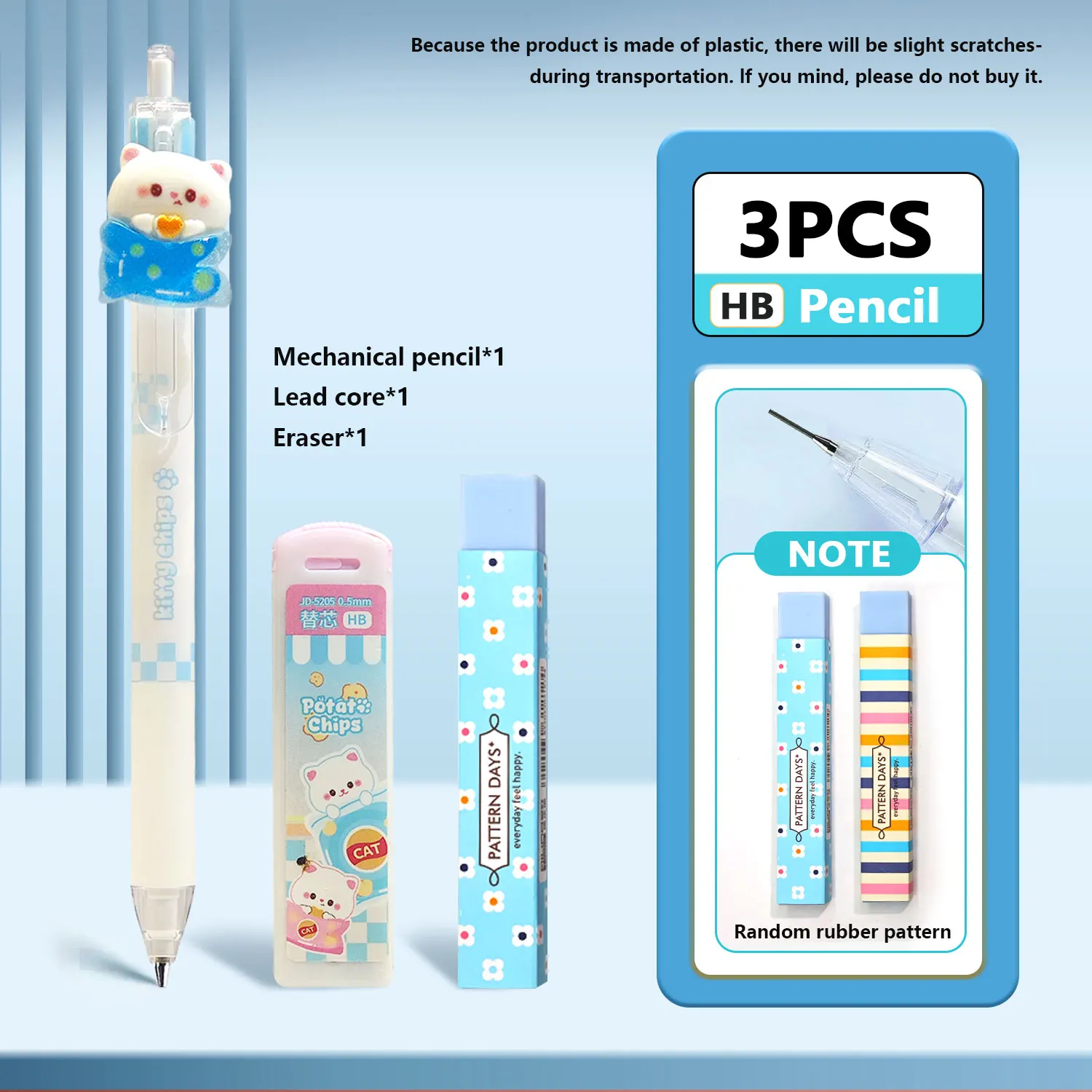 3pcs stationery set cat mechanical pencil set with lead core and an eraser, cute gift for students
3pcs stationery set cat mechanical pencil set with lead core and an eraser, cute gift for students