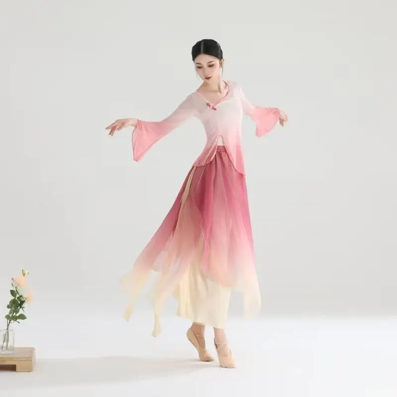Classical dancer performance costumes chiffon practice dance clothes body long outer green pink Chinese style folk dance dress
Classical dancer performance costumes chiffon practice dance clothes body long outer green pink Chinese style folk dance dress