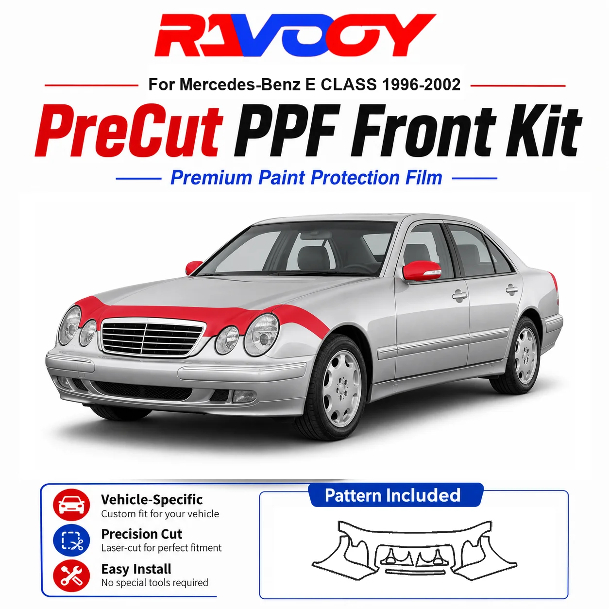 8.5mil TPU Precut PPF Kit For Mercedes-Benz E CLASS 1996-2002 - Hood, Fenders & Mirror Set - Self-Healing Clear Bra Film
8.5mil TPU Precut PPF Kit For Mercedes-Benz E CLASS 1996-2002 - Hood, Fenders & Mirror Set - Self-Healing Clear Bra Film