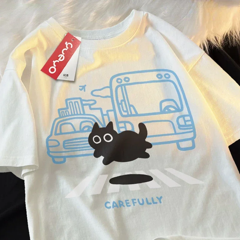 Korean Cute Cartoon Jumping Black Cat Crossing The Road Summer Relaxed Cotton Short Sleeve T-shirt for Men and Women Y2K Top Ins
Korean Cute Cartoon Jumping Black Cat Crossing The Road Summer Relaxed Cotton Short Sleeve T-shirt for Men and Women Y2K Top Ins