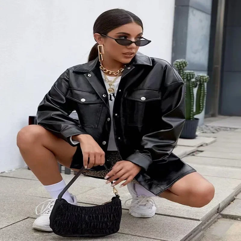 2023 Autumn Lapel Imitation Leather PU Jackets Coats Women Loose Personalized Street Long Sleeve Leather Jackets for Women
2023 Autumn Lapel Imitation Leather PU Jackets Coats Women Loose Personalized Street Long Sleeve Leather Jackets for Women