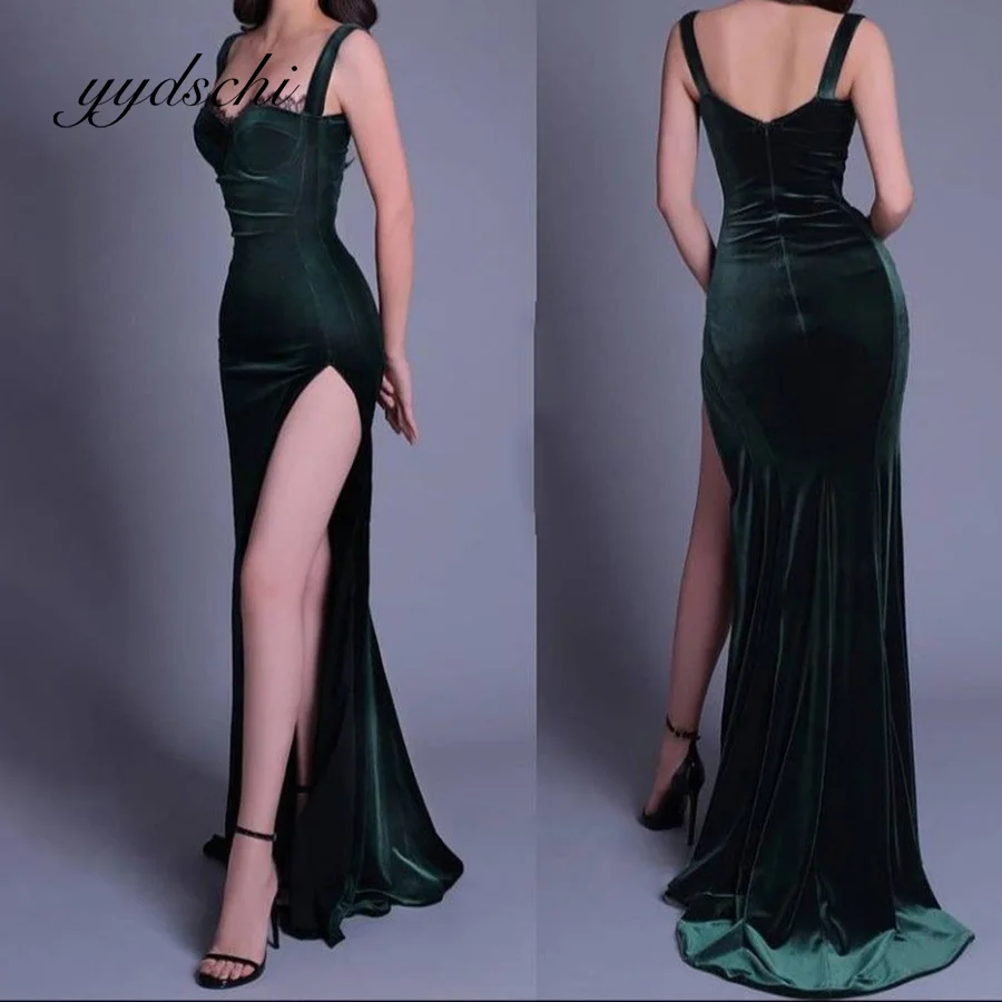 Deep Green Suede Prom Dress Sweetheart Sexy Spaghetti Strap Lace V-Neck Sleeveless Floor Length Train Split Dresses for Women
Deep Green Suede Prom Dress Sweetheart Sexy Spaghetti Strap Lace V-Neck Sleeveless Floor Length Train Split Dresses for Women