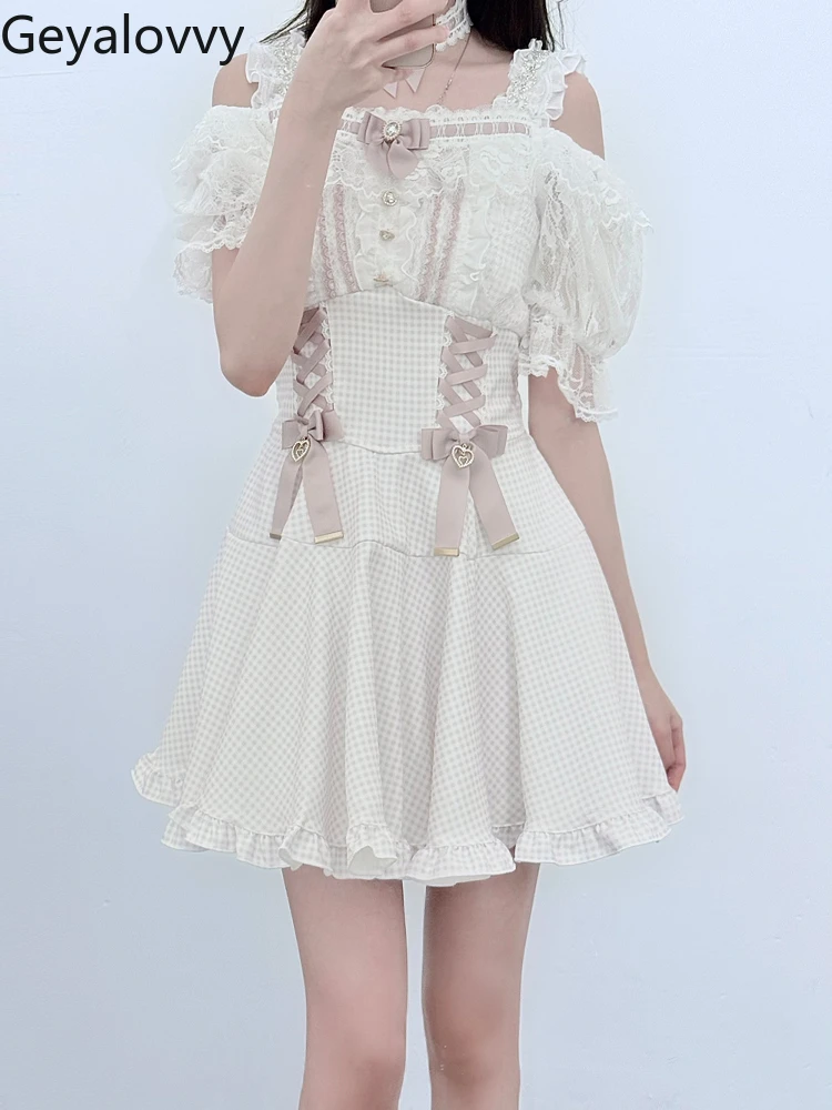 Japanese Liz Mine Suspender Lace Plaid Off-shoulder Dress Sweet Cute Girls High-waisted Splicing Short-sleeved Slim-fit Dresses
Japanese Liz Mine Suspender Lace Plaid Off-shoulder Dress Sweet Cute Girls High-waisted Splicing Short-sleeved Slim-fit Dresses