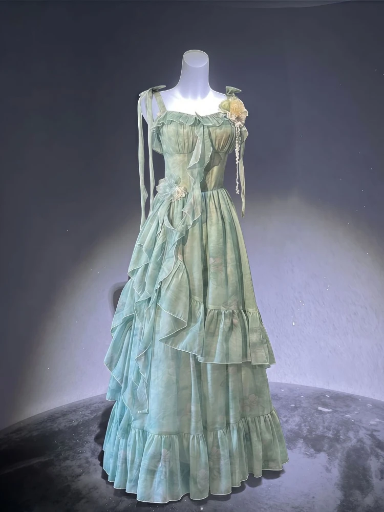 French Princess Mint Green Chiffon Ruffle Bow Straps Floral Applique Waist Cinched Cami Maxi Dress Women Summer Party Daily Wear
French Princess Mint Green Chiffon Ruffle Bow Straps Floral Applique Waist Cinched Cami Maxi Dress Women Summer Party Daily Wear