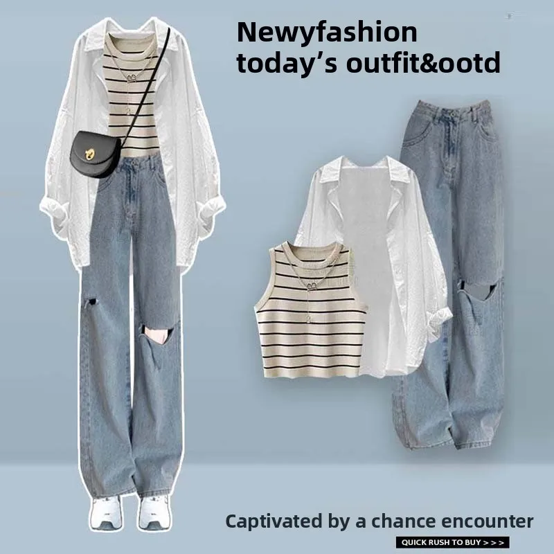 Ladies Long Sleeve Denim Shirt Slim Fit Striped Vest Casual Style High Waist Wide Leg Jeans Matching Korean Style Autumn New ...
Ladies Long Sleeve Denim Shirt Slim Fit Striped Vest Casual Style High Waist Wide Leg Jeans Matching Korean Style Autumn New ...