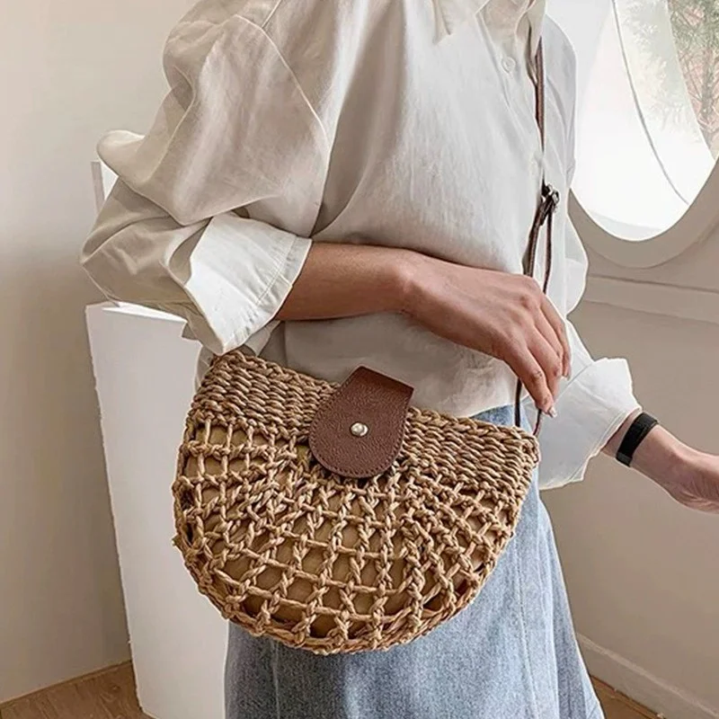 Женская сумка через плечо, модные ручные сумки, новая полая тканая сумка с крестом и травой, тканая пляжная сумка для отдыха, покупок на открытом воздухе