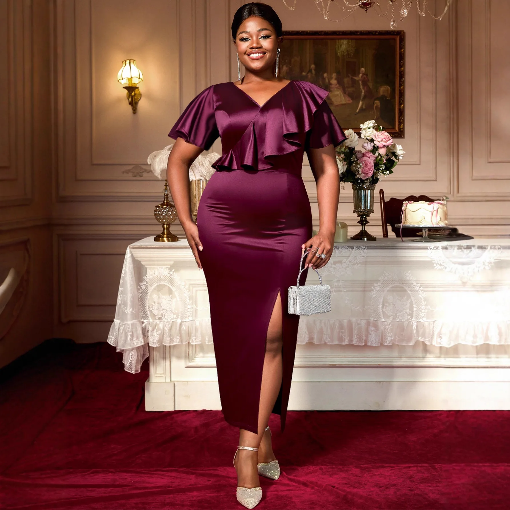 Africa Clothing Womens Burgundy V-neck Plus-size Ruffle Dress Slimming Slit Design Party Bodycon Gown Summer Elegantes Casual
Africa Clothing Womens Burgundy V-neck Plus-size Ruffle Dress Slimming Slit Design Party Bodycon Gown Summer Elegantes Casual