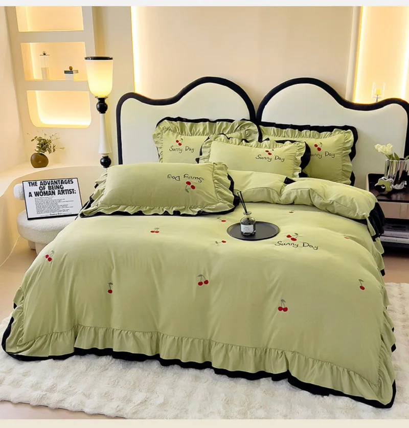 New Green Full Embroidered Four Piece Lace Princess Duvet Cover Thickened Washed Cotton Cherry Cmbroidery Bedroom Bedding
New Green Full Embroidered Four Piece Lace Princess Duvet Cover Thickened Washed Cotton Cherry Cmbroidery Bedroom Bedding