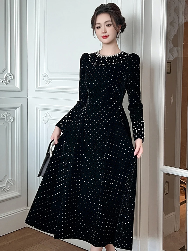 Women Clothes Elegant Luxury Sparkly Black Velvet Pearl O-Neck Slim A-Line Dress Fashion Evening Party Prom Vestidos Robe Casual
Women Clothes Elegant Luxury Sparkly Black Velvet Pearl O-Neck Slim A-Line Dress Fashion Evening Party Prom Vestidos Robe Casual