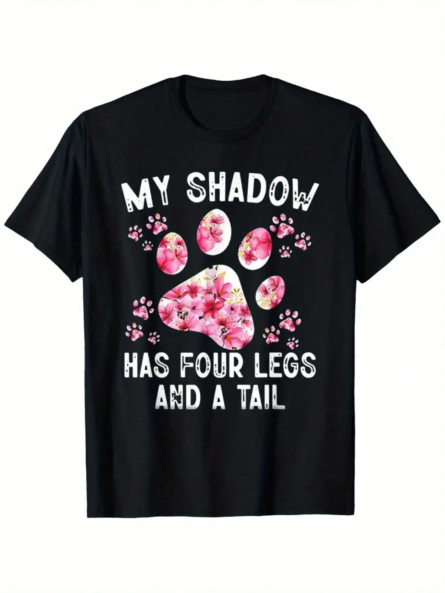Men's Casual Cotton T-Shirt with "My Shadow Has Four Legs & Tail" Dog Paw Print Slogan - Black with Pink Floral Design,
Men's Casual Cotton T-Shirt with "My Shadow Has Four Legs & Tail" Dog Paw Print Slogan - Black with Pink Floral Design,
