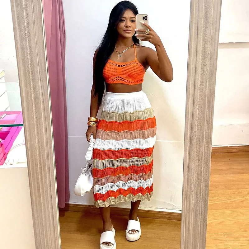 Sexy Striped Knitted Summer Outfits for Woman 2 Piece Set Beach Vacation Lace-up Bra Crop Top and Long Skirt Sets Holiday 2025
Sexy Striped Knitted Summer Outfits for Woman 2 Piece Set Beach Vacation Lace-up Bra Crop Top and Long Skirt Sets Holiday 2025