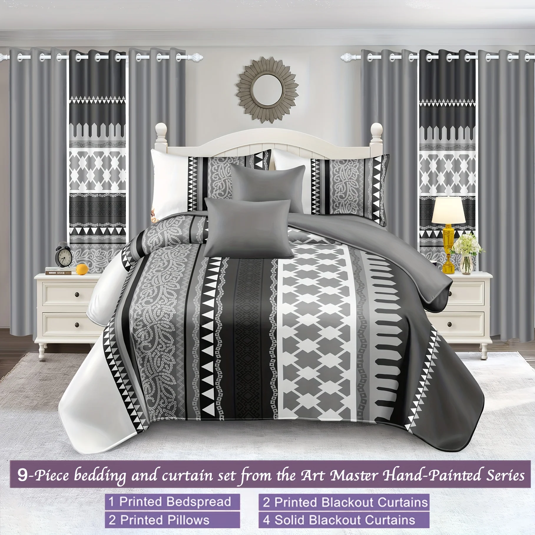 Luxury 9pcs Bedding And Curtains Set, 1 Thick Printed Bedspread, 2 Printed Pillows, 4 Solid Curtains, 2 Printed Curtains, Skin F
Luxury 9pcs Bedding And Curtains Set, 1 Thick Printed Bedspread, 2 Printed Pillows, 4 Solid Curtains, 2 Printed Curtains, Skin F
