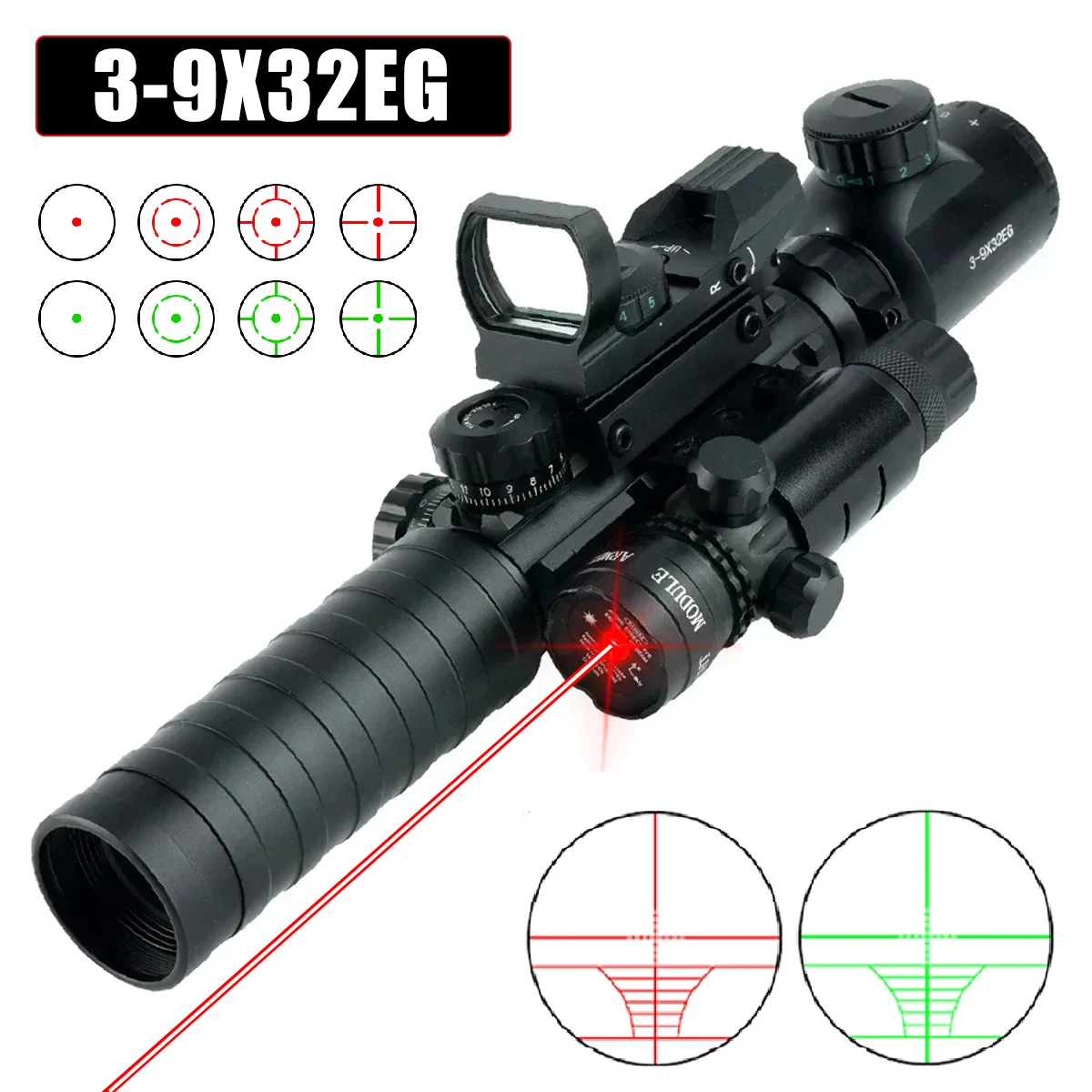 Tactical Riflescope 3-9X32EG Laser Red Dot 3 in 1 Combo Optic Sight Red Green Illuminated Reflex 4 Reticle Hunting Scope Caza
Tactical Riflescope 3-9X32EG Laser Red Dot 3 in 1 Combo Optic Sight Red Green Illuminated Reflex 4 Reticle Hunting Scope Caza