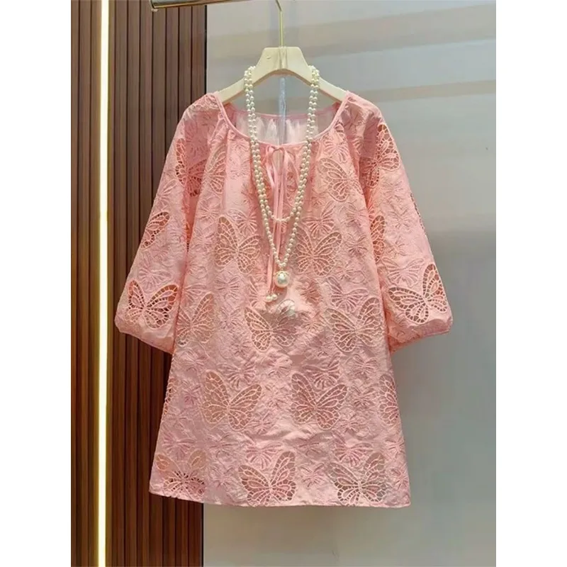Women Pink Butterfly Lace Blouse Loose 3/4 Sleeve Summer Hollow Out Shirt
Women Pink Butterfly Lace Blouse Loose 3/4 Sleeve Summer Hollow Out Shirt