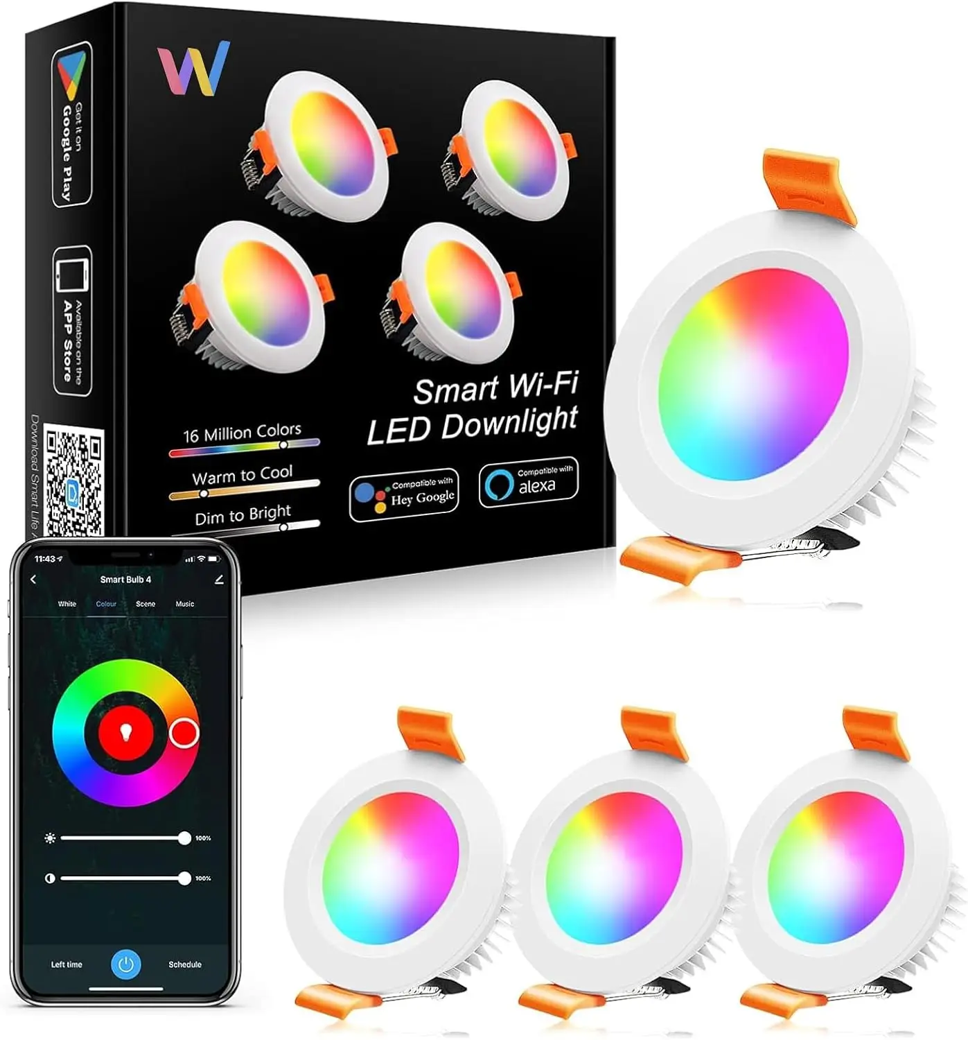 Smart WiFi LED Downlight, 2 Inch Recessed Lighting with Alexa/Google Assistant, Dimmable RGB & White (4 Pack)
Smart WiFi LED Downlight, 2 Inch Recessed Lighting with Alexa/Google Assistant, Dimmable RGB & White (4 Pack)