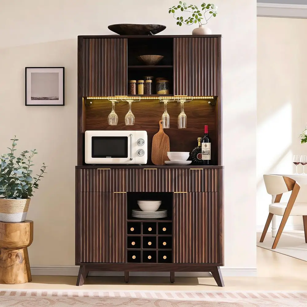 72 High Walnut Coffee Bar Cabinet with Storage, Glass Holder, Wine Rack, LED Lights, and Charging Station
72 High Walnut Coffee Bar Cabinet with Storage, Glass Holder, Wine Rack, LED Lights, and Charging Station